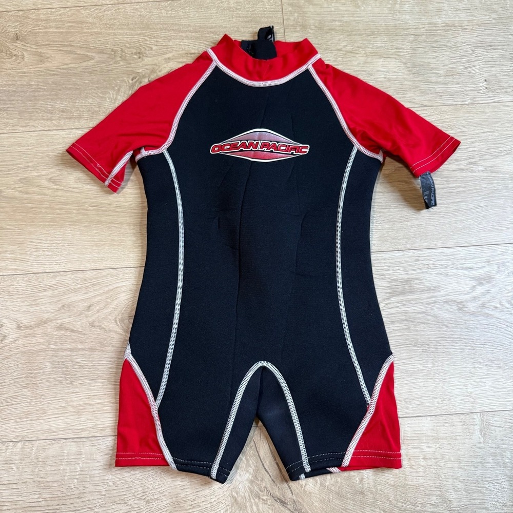 EUC Unisex Ocean Pacific Kids SPF 50+ Lycra Wetsuit black red size 6